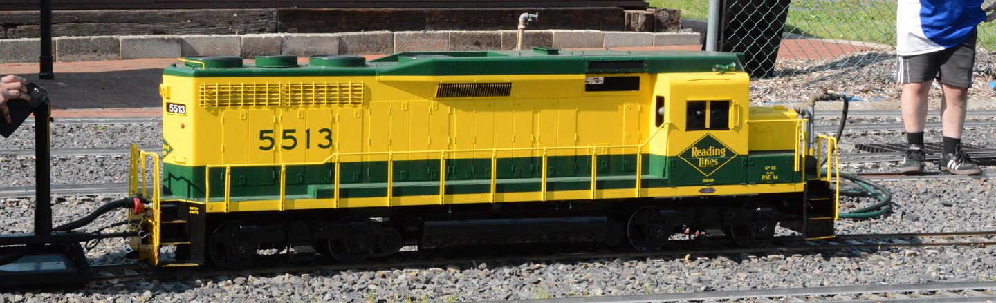 a model of a GP-30 diesel locomotive in Reading Company green and yellow paint